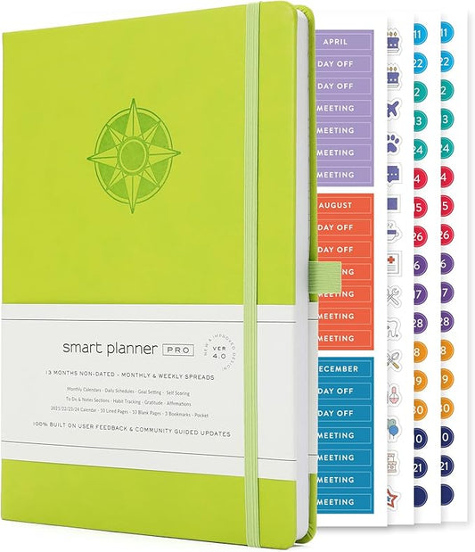 Smart Planner Pro – Undated Daily Planner – Medium B5 – Achieve Goals & Increase Productivity with Weekly, Monthly, Work Sections - Organizer Planner with Back Pocket, 3 Satin Bookmarks & Pen Holder
