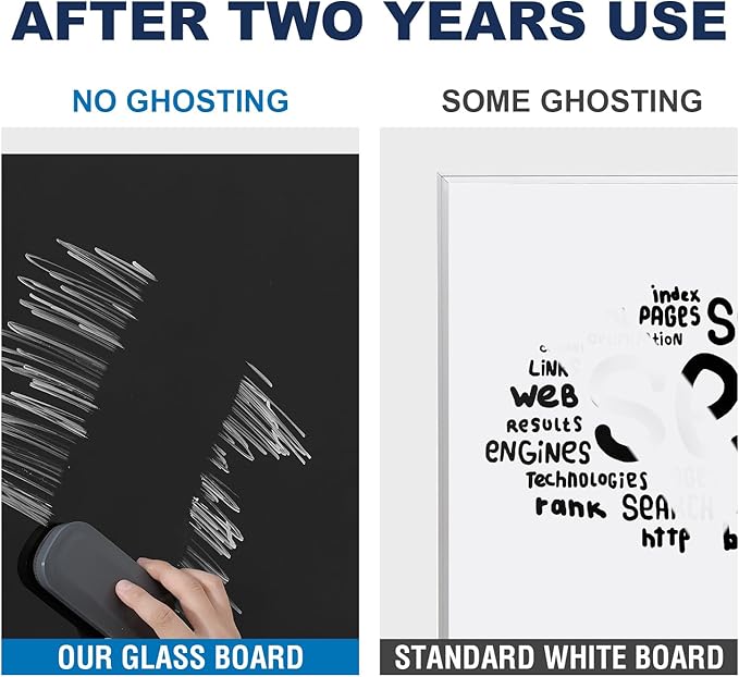 TSJ OFFICE Glass Dry-Erase Board - 36 x 24 Inches Wall Mounted Black Glass Magnetic Whiteboard, Frameless Large White Board for Office, Home & School