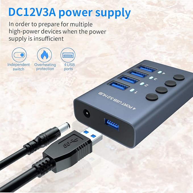 MaxLax 4 Port Aluminum USB 3.0 hub with 4 Port USB Data Transfer,36W (12V/3A) Power Adapter USB Splitter Independent Switch