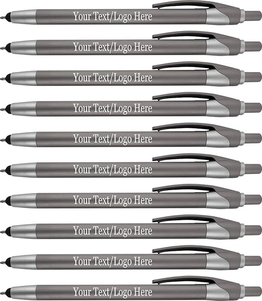 Personalized With your Custom Logo or Text Pens-Pack of 300- for Marketing, Parties, and Events, 2 in 1 Capacitive Stylus & Ballpoint Pen Compatible With Touchscreen Devices, Black Ink, Grey Pens
