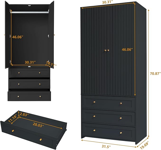 Wardrobe Closet Armoire, 71 "Wardrobe Armoire Wooden Closet with 4 Doors, 6 Drawers Household Freestanding Wooden Storage Cabinet for Bedroom
