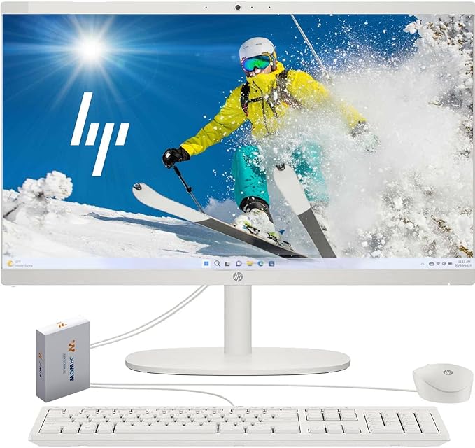 HP 2025 New 22 Inch All-in-One Desktop Computer • 8GB RAM • 128GB PCIe SSD • Intel CPU • Ultra-Quiet Design • Microsoft Office Trial • Wi-Fi 6 • White KB & Mouse • WOWPC Recovery USB • Windows 11