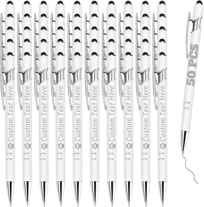 Personalized Pens Bulk 50 with Name Custom Engraving Ballpoint Pens with Stylus Tip Customized Smooth Writing Pens Personalized Gifts for Anniversary Birthday or Graduation(White,Black Ink)