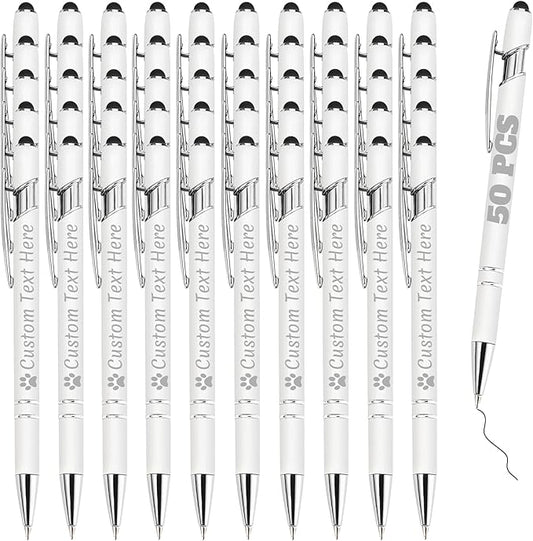 Personalized Pens Bulk 50 with Name Custom Engraving Ballpoint Pens with Stylus Tip Customized Smooth Writing Pens Personalized Gifts for Anniversary Birthday or Graduation(White,Black Ink)