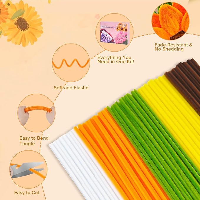 500 PCS Pipe Cleaners Craft Kit for Flower Making Sunflower DIY Material Bundle with 20 Stems, 100 Stamens, Ribbon, Tulle, Glue Sticks & Step-by-Step Guide Vibrant Colors, Non Shedding, FadeResistant