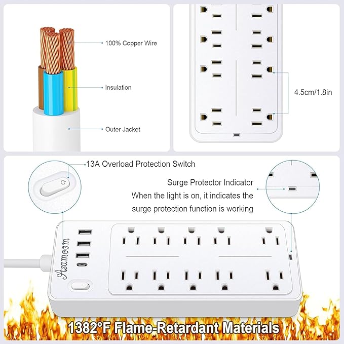 20FT Power Strips with Surge Protection 1625W/13A, 10 Outlets with 4 USB Ports (1 USB C) Long Extension Cord with Multiple Outlets 14-in-1 1700J 16Awg Flat Plug Power Strip Protector White ETL Listed