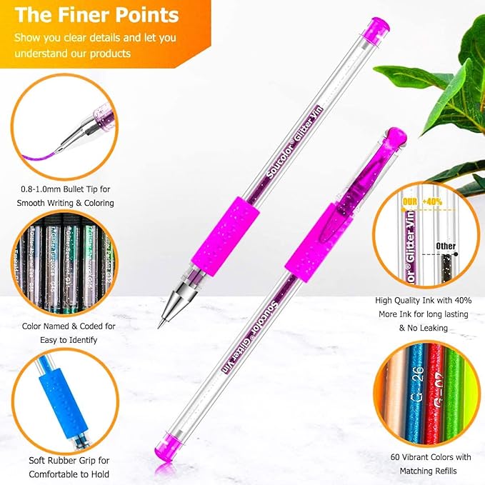 Soucolor Teen Girl Gifts Trendy Stuff, Glitter Gel Pens for Adult Coloring Books, 120 Pack-60 Glitter Pens, 60 Refills and Travel Case, 40% More Ink Markers Set for Preppy School Stuff Journaling