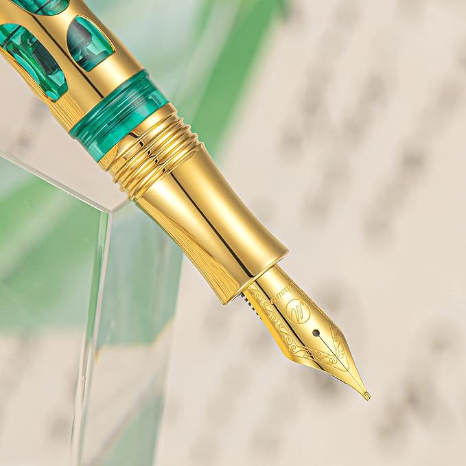 Asvine V169 Vacuum Filling Fountain Pen Iridium Extra Fine Nib, Water Drop Skeleton Gold Trim Transparent Green Acrylic Pen Case Set