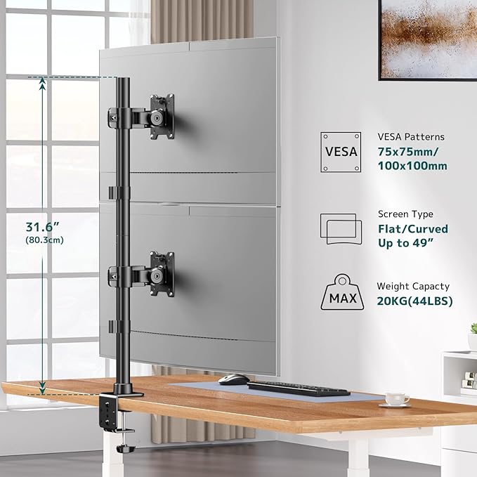 Dual Vertically Stacked Ultrawide Monitor Desk Mount 17-49 Inch - Extra Tall Heavy Duty Adjustable Monitor Arm for 2 monitores,Weight 2-20 kg per Arm,VESA 75/100 mm