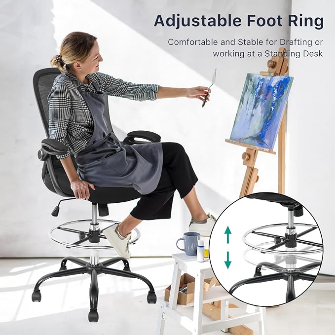 HYLONE Drafting Chair Tall Office Chair High-Back Mesh Standing Desk Stool with Adjustable Footrest Ring and Flip-Up Arms (Black)