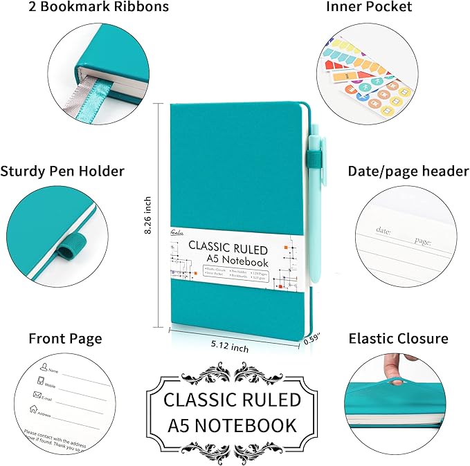 feela 8 Pack Notebooks Journals Bulk, Hardcover Notebook Classic Ruled Lined Journals with Pen Holder for Women Girls School Business Supplies, with 8 Black Pens, 120 GSM, 5.1”x8.3”, A5, Emerald