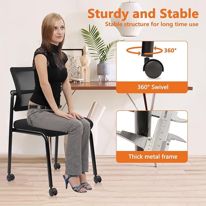 CLATINA Stacking Chairs 8 PK, Adjustable Backrest Stackable Mesh Office Waiting Room Armless Chair with Wheels for Guest Reception Conference Lobby Side School, Black