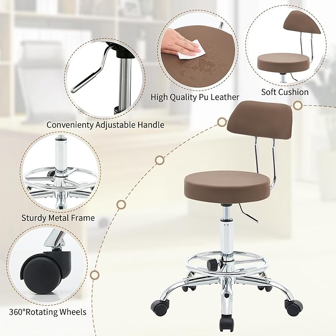 Salon Rolling Chair, Adjustable Stool with Footrest and Back 19.5’’-26.6’’,Coffee Brown Massage Stools with Wheels (Coffee Brown)