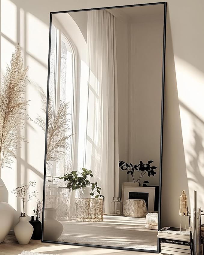 Full-Length Floor Mirror with Stand, 76"x34" Rectangle Style Full Body Standing Mirror for Bedroom, Living Room, Gym, Dorm - Shatter-Resistant & Easy Assembly, Black