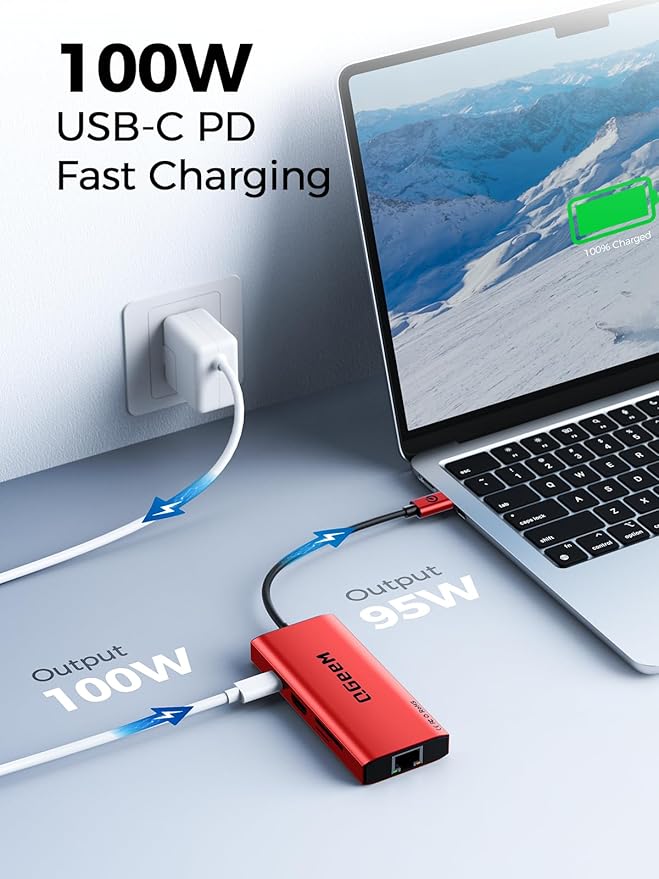 QGeeM USB C Hub Ethernet,9 in 1 USB Type C Hub HDMI Multi-Port Converter Adapter,100W Pd, USB 3.0,SD/TF Card Reader,Compatible for MacBook Pro Air Ipad HP Dell Lenovo Chromebook etc.-Red