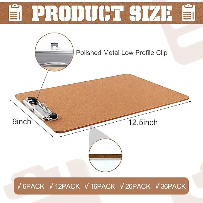 Clipboards, PANDRI 6 Pack Hardboard Office Clipboards, Low Profile Clip, Clip Boards 8.5x11 Standard Letter Size, Classroom Supplies, ECO Friendly