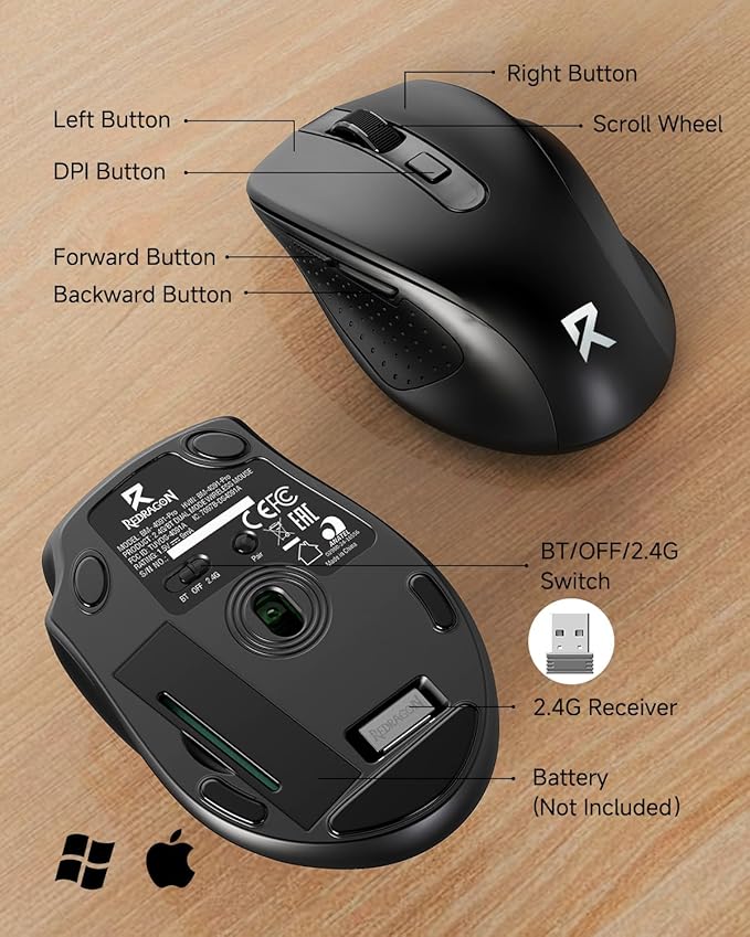 Redragon Wireless Mouse BT5.0/3.0 & 2.4G, 6 Buttons, 5 Level 4000DPI Bluetooth Mouse, 18 Months Battery, Portable Optical Computer Mice for Laptop, PC, Chromebook, Windows, Mac-Black