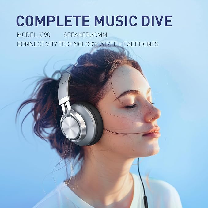 AILIHEN C90 Wired Headphones with Microphone Volume Control, Noise Reduction Over Ear Headphones Wired 3.5mm, Super Soft Corded Headphone for Cellphones, Tablet and Chromebook (Grey)
