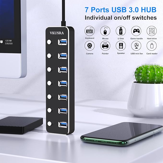 USB Hub, VKUSRA 7 Port USB Hub 3.0 with 4ft USB Long Cable, and Aluminum USB 3.0 Hub with Individual On/Off Switch and LED Indicator, USB Splitter for Laptop & PC, Power Adapter Not Included