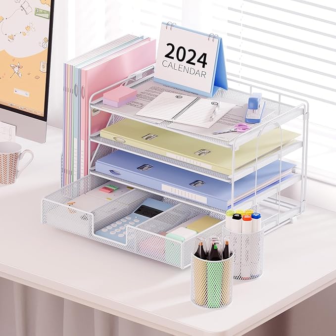 Desk Organizer and Accessories, 4-Tier Desktop File Organizer with Drawer and 2 Pen Holders, Office Desk Accessories for Office Supplies(White)