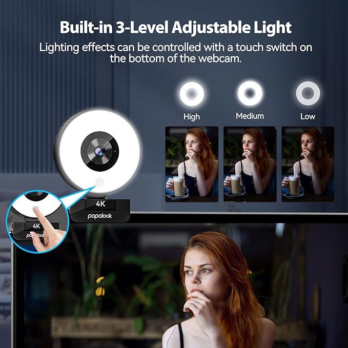 papalook 4K Autofocus Webcam with Light, UHD Web Camera with Remote Control and Dual Noise-Cancelling Mics, Plug and Play USB Webcams for PC Laptop Zoom Skype Teams Google Meet