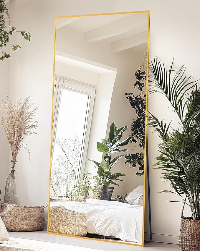 Full-Length Floor Mirror with Stand, 59"x16" Rectangle Style Full Body Standing Mirror for Bedroom, Living Room, Gym, Dorm - Shatter-Resistant & Easy Assembly, Gold