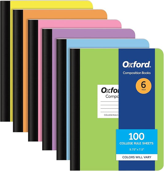 Oxford Composition Notebooks, 6 Pack, Cover Colors Vary, College Ruled Paper, 9-3/4 x 7-1/2 Inch School Journals, Assorted Pastel Covers, 100 Sheets, per Book (63760)