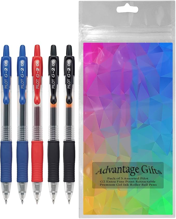 G2 Retractable Premium Gel Ink Roller Ball Pens Extra Fine Point (.5mm) Black/Blue/Red Ink 5 pack; Refillable & Premium Comfort Grip Bundle with Plastic Reusable Pouch