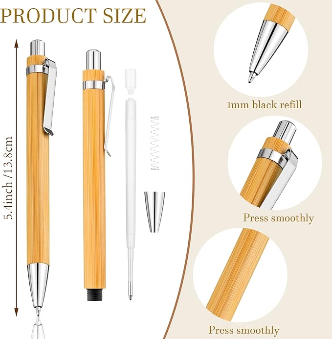 Leelosp 60 Pcs Bamboo Pen Retractable Ballpoint Pen Black Ink 1 mm Sustainable for Writing Office Products Wooden Bamboo Ballpoint for Journal School Supplies Decorations