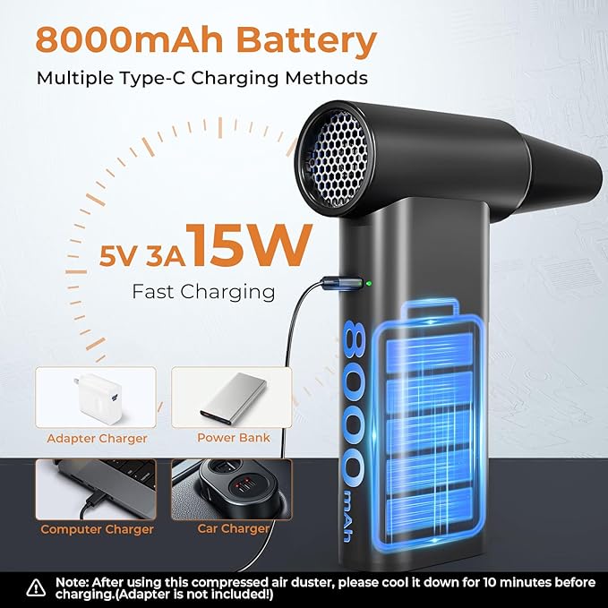 Compressed Air Duster, PowerUrus 200000RPM Electric Air Duster with Brushless Motor, 4-Gear Adjustable Cordless Air Blower, 8000mAh Rechargeable Air Duster for Keyboard, PC, Outdoor and Home Cleaning