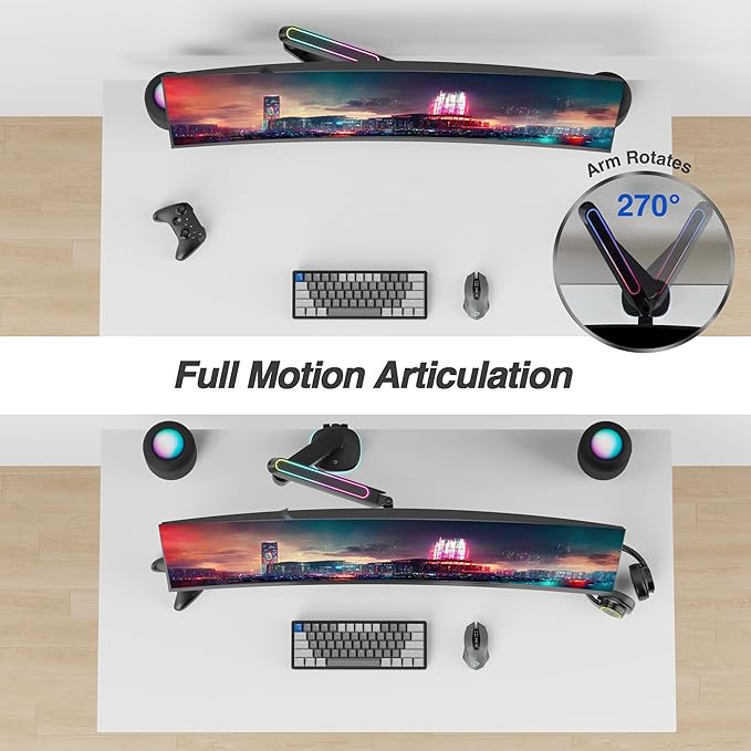 AVLT Single 27”-45” RGB Gaming Monitor Arm Desk Mount Built-in 20 Lighting Modes Touch Button Control Fits Flat/Curved/Ultrawide Screen Height Swivel Tilt Rotation Adjustable Stand -Black