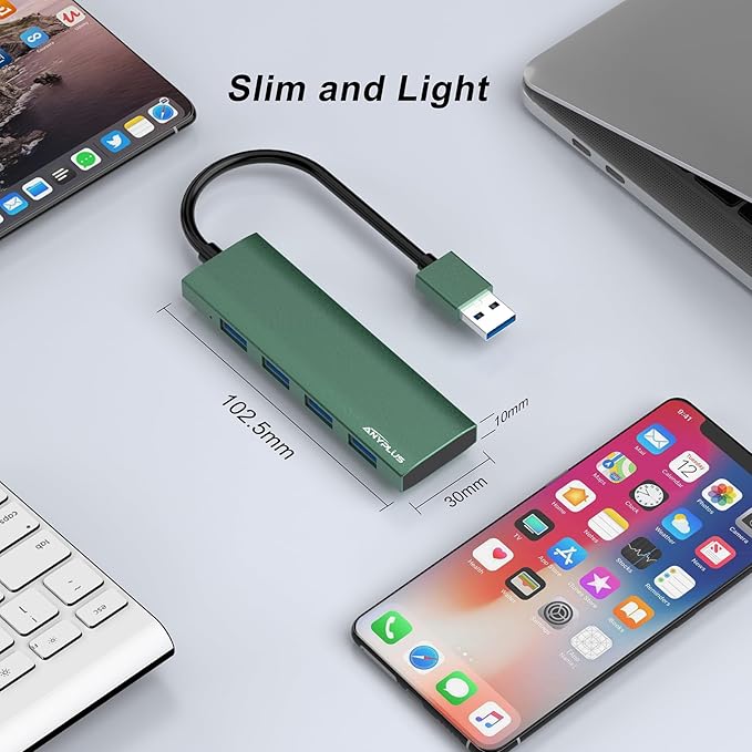 USB Hub, USB 3.0 Hub Aluminum Alloy Ultra Slim USB Splitter, Portable 4 Port USB Extender, USB Hub for Laptop, PC, MacBook, iMac, Surface Pro, Mac Pro, Flash Drive, XPS 【Green】