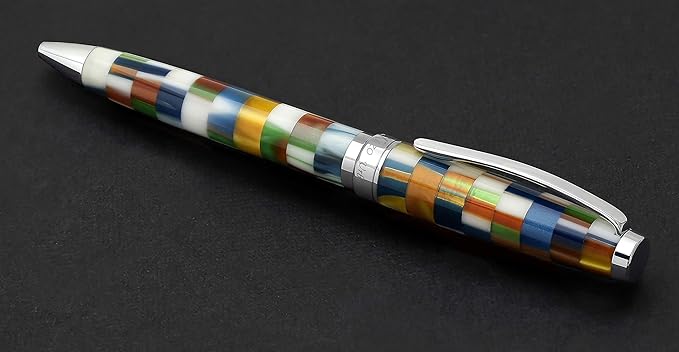 Xezo Urbanite II Twist Action Ballpoint Pen, Medium Point. Jazzy Multicolor Checkered Acrylic on Brass. Chrome Plated. Handcrafted, Limited Edition, Serialized