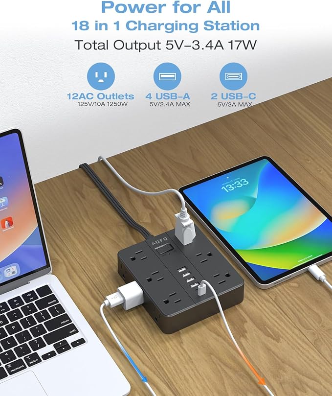 10FT Surge Protector Power Strip,12 AC Outlets with 6 USB Ports (2 USB-C), Flat Plug Extension Cord with Multiple Outlets, Wall Mount for Home Office,Dorm,Black