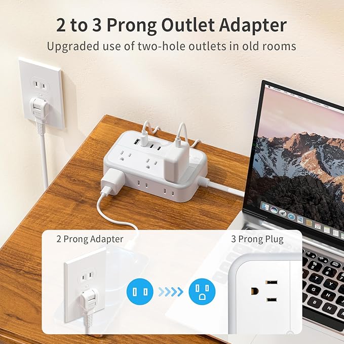 NTONPOWER 2 Prong Power Strip, 1875W/15A 2 Prong to 3 Prong Outlet Adapter, Surge Protector Power Strip with 4 USB Ports(2 USB C), 5 FT Rotating Flat Plug Extension Cord for Old House, Wall Mount