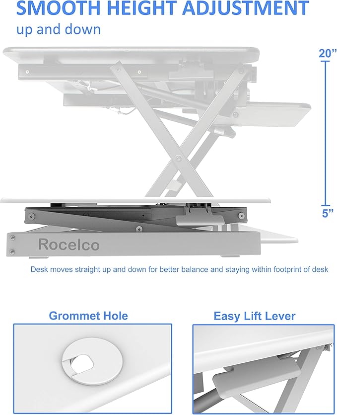 Rocelco 46" Large Height Adjustable Standing Desk Converter - Quick Sit Stand Up Triple Monitor Riser - Gas Spring Assist Computer Workstation - Retractable Keyboard Tray - White (R DADRW-46)