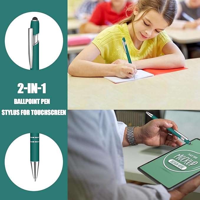 24 Pcs Blue Ink Ballpoint Pen with Stylus Tip 2 in 1 Ballpoint Pen 1.0 mm Blue Ink Metal Stylus Pen for Touch Screens Coworkers, Family, Colleagues, Office (Green)