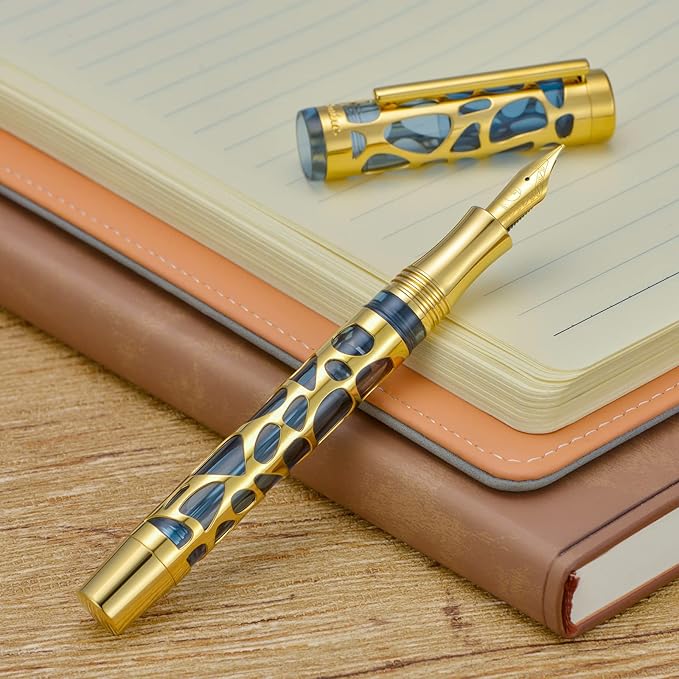 Asvine V169 Vacuum Filling Fountain Pen Medium Nib, Water Drop Skeleton Gold Trim Transparent Gray Blue Acrylic Pen Case Set
