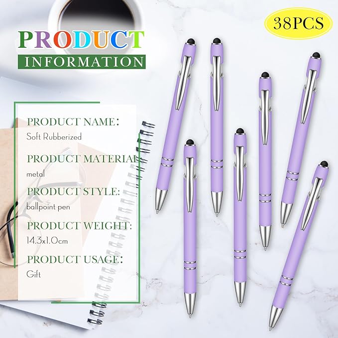 Zonon 38 Pieces Rubberized Ballpoint Pen with Stylus Tip Stylish Metal Pen Capacitive Styli with Soft Rubberized Grip, Black Ink for Most Devices(Purple)