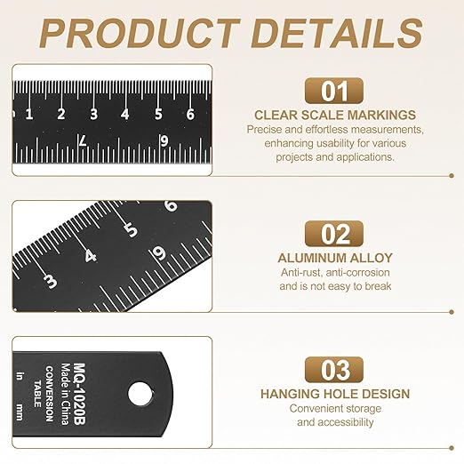 HARFINGTON 4pcs Metal Straight Ruler 20cm Metric SAE Aluminum Alloy Measuring Rulers Scale Tool with Hole for Measure Study Reading Classroom Office, Black