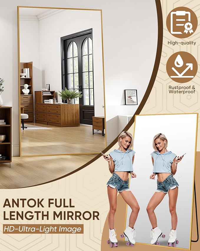 Antok Full Length Mirror, 76"x44" Floor Mirror, Floor Standing Freestanding Full Body Mirror with Stand for Bedroom, Hanging Mounted for Living Room Cloakroom, Gold