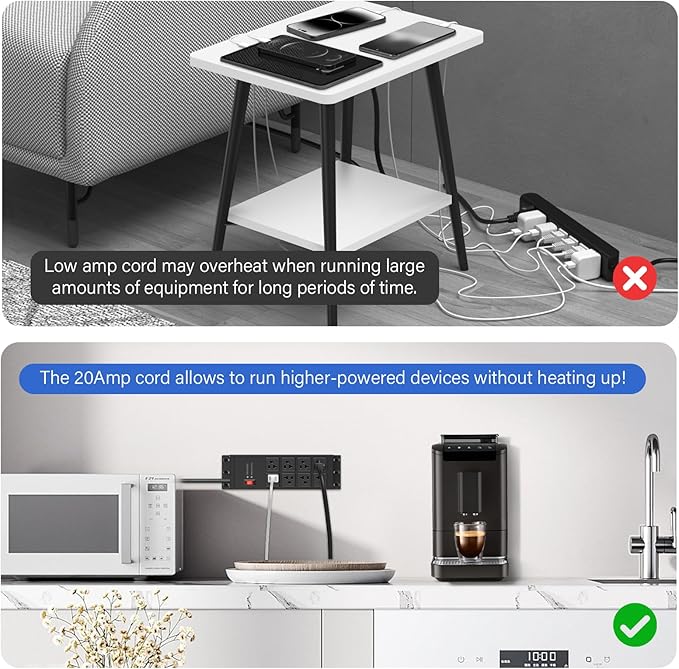 CCCEI Black Heavy Duty Power Strip Surge Protector 20 AMP, 8 Outlets 12 Gauge Industrial Shop Garage Metal Multiple Outlets, 20 FT Extension Cord 5-15P Adapter High Amp 6-20R T-Slot 20a for Appliance