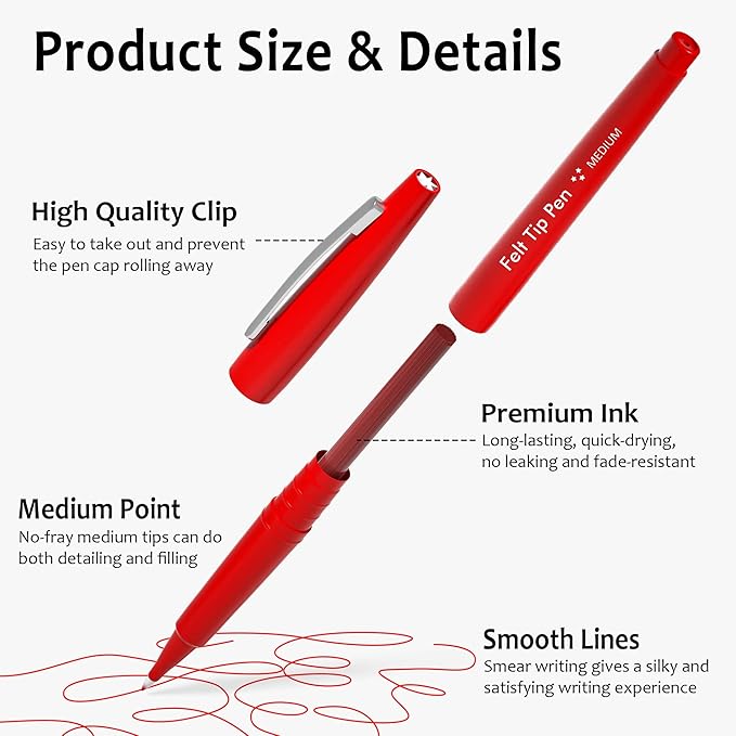 Lelix Felt Tip Pens, 60 Red Pack, 0.7mm Medium Point, Felt Tip Markers Pens for Journaling, Writing, Note Taking, Planner, Perfect for School Office and Art Supplies