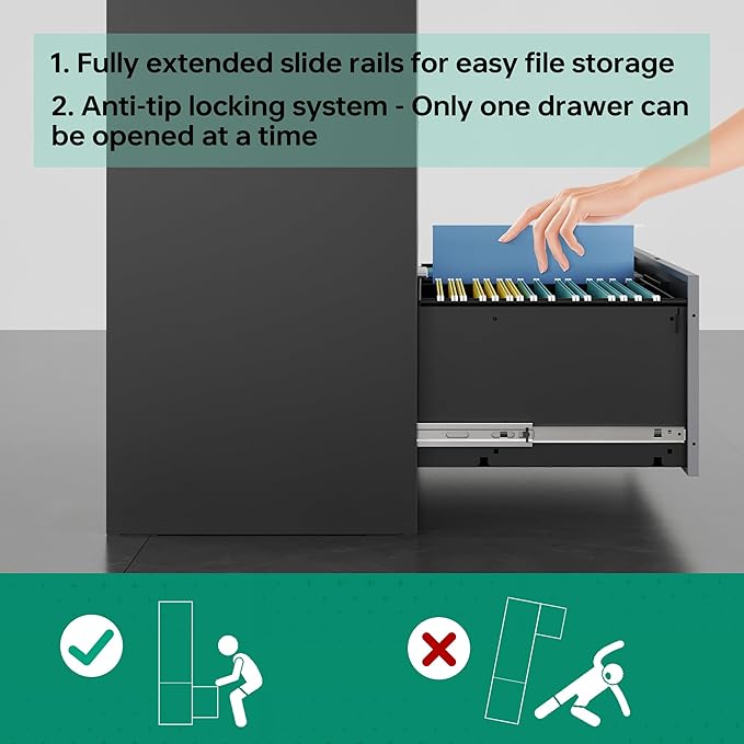 Letaya 4 Drawer Lateral Metal Filing Cabinet with Lock-File Cabines-Organization Storage Cabinets for Home Office-Hanging Letter/Legal/F4/A4 Size (4 Drawer-Grey Black)