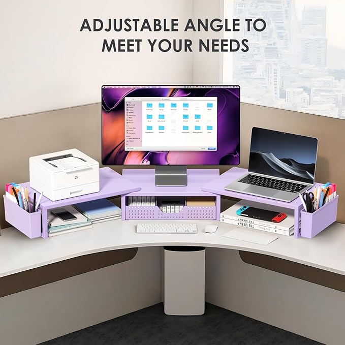 Purple Desk Organizers and Accessories, Dual Computer Monitor Stand Riser with Drawer and 2 Pen Holders, Office Desk Accessories, Workspace Desktop Organization for Office Supplies