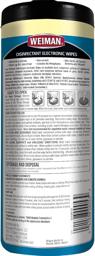 Weiman Electronics & Screen Disinfecting Wipes - Safely Clean and Disinfect Your Phone, Laptop, Keyboard, Tablets, Lens, Wipe, Glasses Cleaner, 30 Count, 2 Pack with MicroFiber Towel