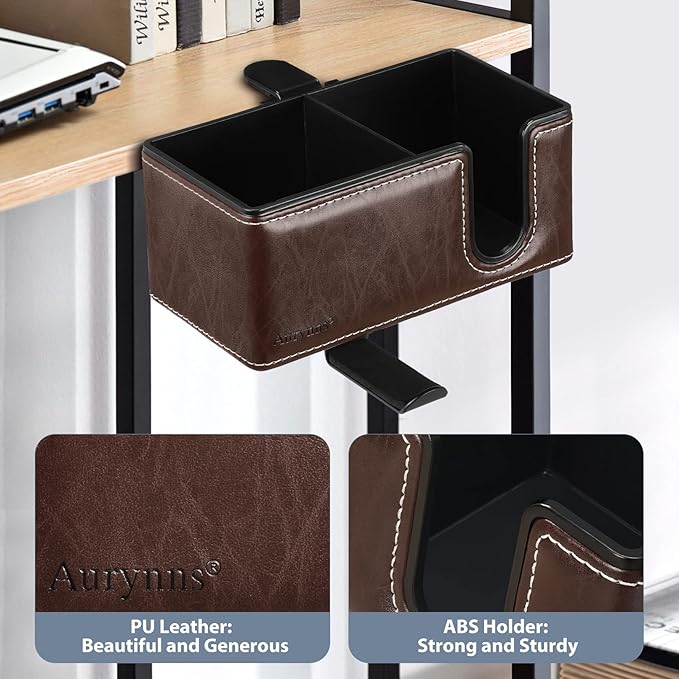 Desk Cup Holder Clip on Pen Holder Headphone Hanger Headset Stand Rotatable Clamp Hook Under Desk (Brown)