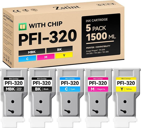 PFI-320 Pigment Ink Tank Set 5-Pack 300ml High Capacity Replacement for Canon PFI-320 PFI320 Ink Cartridges Compatible with Canon imagePROGRAF TM-200 TM-205 TM-300 TM-305 Printer Black Yellow Magenta