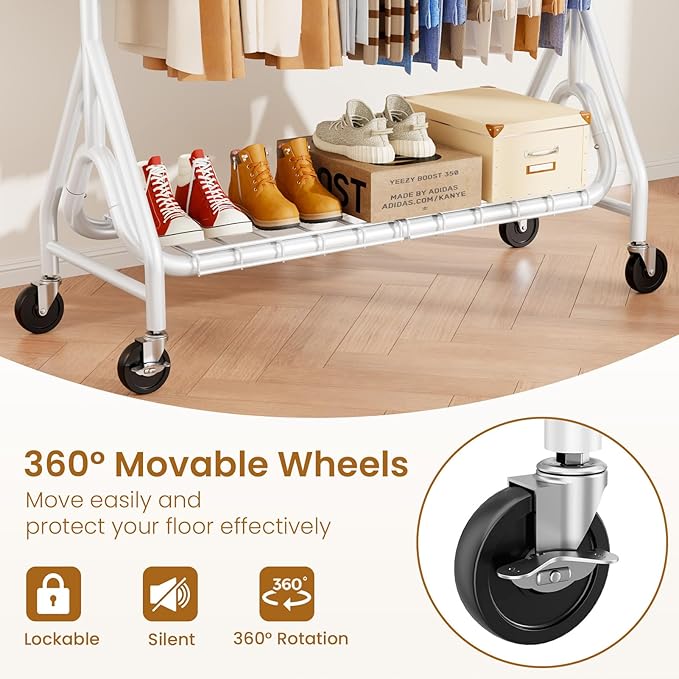 Double Rods Clothing Rack, Heavy Duty Clothes Rack for Hanging Clothes Load 560LBS, Metal Rolling Garment Racks with Wheels, Freestanding Clothes Hanging Racks, White