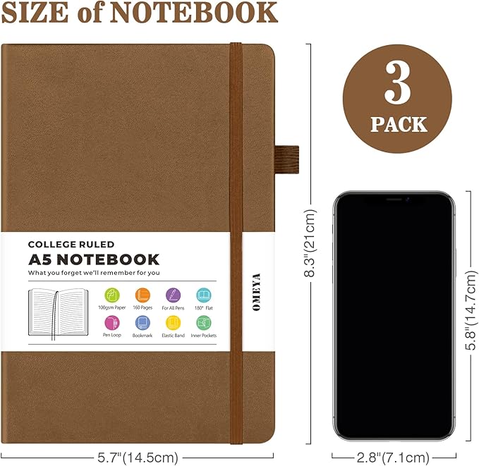 Lined Journal Notebook, 3 Pack A5 College Ruled Notebooks for Work, Hardcover Notebook Each with 2 Pockets & Pen, Leather Journal for Women, Men, 160 Pages, 100GSM Thick Paper ( Brown 5.7" x 8.3" )